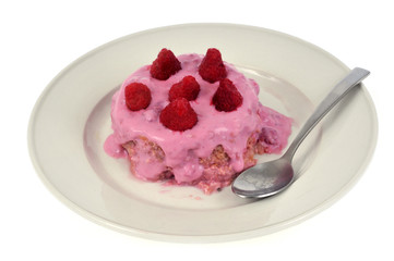 Charlotte aux framboises dans une assiette