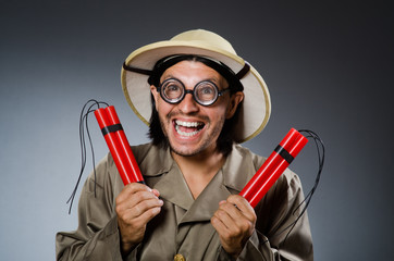 Funny safari hunter against background