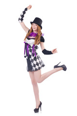 A girl in harlequin costume isolated on white