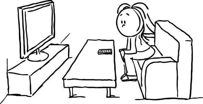 women watching television - black line vector illustration