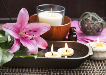 Spa Floating Burning Candles and Lilies