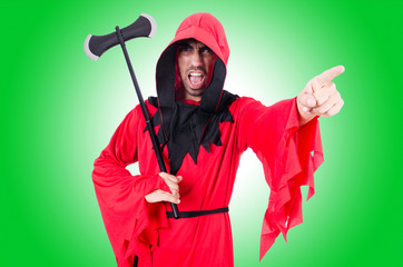 Executioner in red costume with axe on white