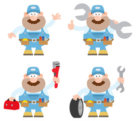 Flat Style Illustration Of Mechanic Character 5. Collection Set