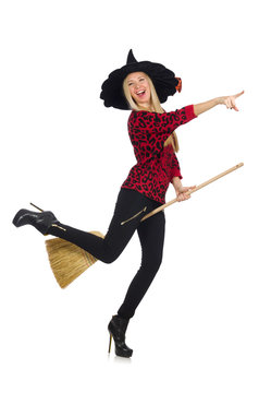 Funny witch with broom isolated on white