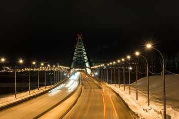 Third bugrinskij bridge over the Ob river at night. This bridge