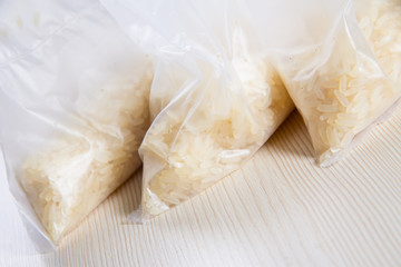 Bags of rice on the table