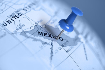 Localisation Mexique. Broche bleue sur la carte.