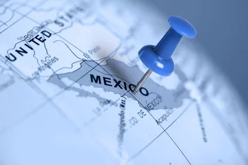 Stickers pour porte Mexique Localisation Mexique. Broche bleue sur la carte.