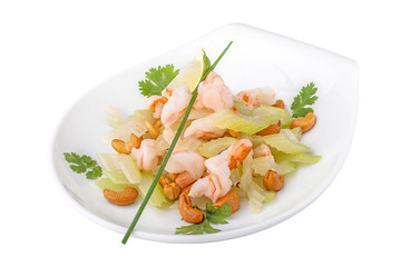 Meat tiger shrimps with vegetables and nuts