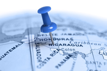 Fototapeta premium Location Nicaragua. Blue pin on the map.