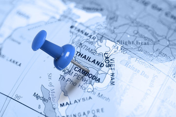 Obraz premium Location Cambodia. Blue pin on the map.