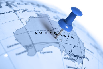 Localisation Australie. Broche bleue sur la carte.