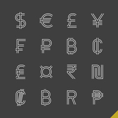 Linear world currency symbols icons with dollar, euro, pound