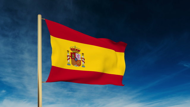 Spain flag slider style. Waving in the wind with cloud