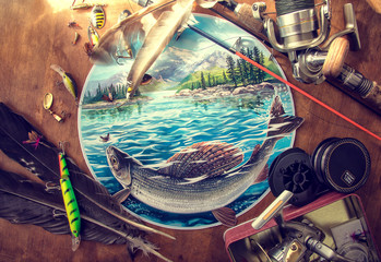 Illustratie over vissen, omringd door hengelaccessoires.