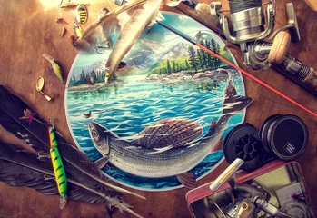 Afwasbaar Fotobehang Vissen Illustratie over vissen, omringd door hengelaccessoires.