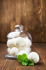 Coconut candy in glass dish