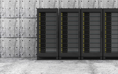 Modern Servers Rack in a Concrete Room Interior. 3D Rendering