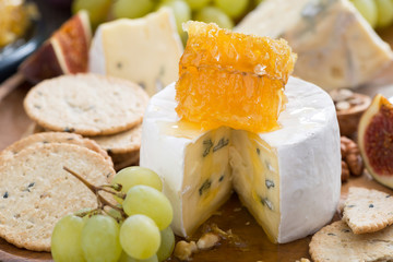 camembert with honey and fruit, snacks, close-up