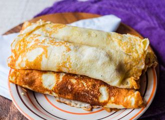 thin pancakes with mushrooms, onions and sour cream, Slavic kitc