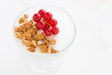 creamy panna cotta with granola and berries on white