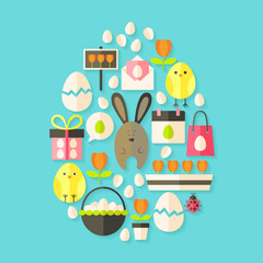 Easter holiday Flat Icons Set Egg shaped with shadow over blue