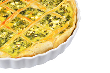 Pie with cheese and herbs in baking form