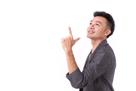 man pointing up to blank space