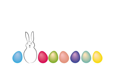 Osterhase mit buntern Ostereiern, Cartoon für einen Ostergruss, Karte und Deko, vektor, isoliert