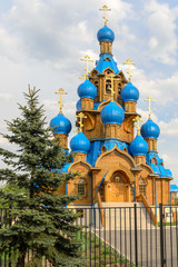Church with blue domes in Moscow district