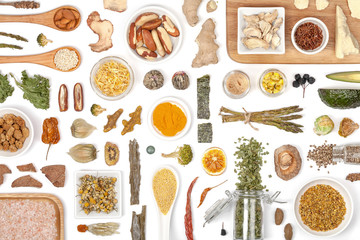 various superfood on white background top view