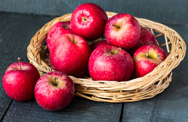 fresh red apples on a wooden board, fruits