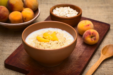 Bowl of oatmeal porridge with peach slices