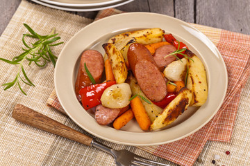 Roasted Potato and Sausage Dinner. Selective focus.