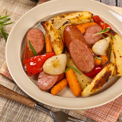Roasted Potato and Sausage Dinner. Selective focus.
