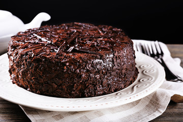 Delicious chocolate cake in plate