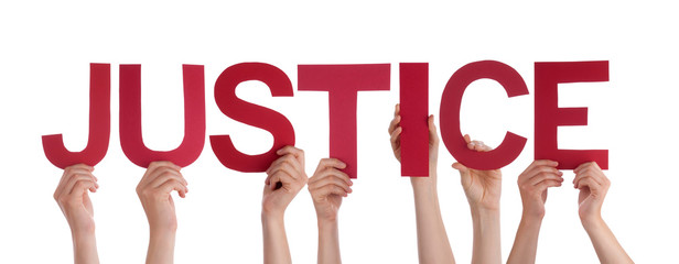 Many People Hands Holding Red Straight Word Justice