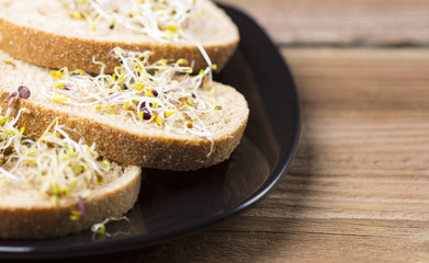 Mixed sprouts and bread on black plate