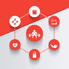 aspects of gym training, icons in orange and white vector, eps10