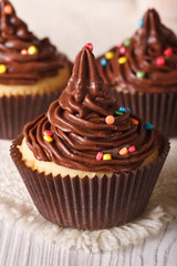 Cupcakes with chocolate cream close-up on the table. Vertical