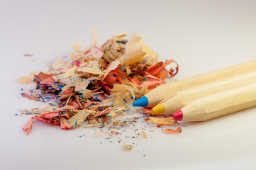 pencils primary colors red blue yellow and sharpening residue