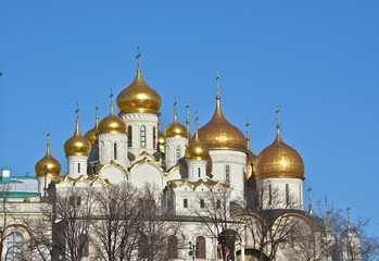 Fototapeta na wymiar Golden domes of churches in the Moscow Kremlin.