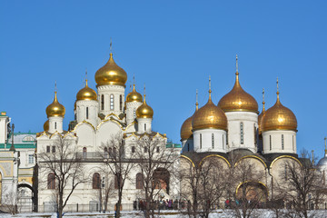 Golden domes of churches in the Moscow Kremlin.