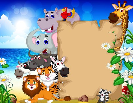 animal cartoon with blank sign and tropical beach background