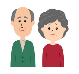 A senior couple with a sad facial expression