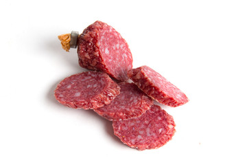 Sliced sausage on a white background