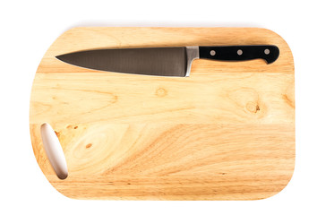 Knife on cutting board isolated on white