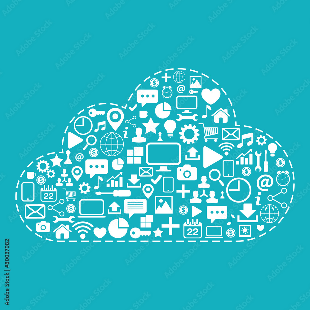 Poster Cloud computing. White icons set on blue background