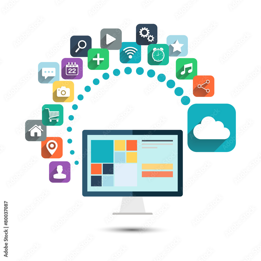 Poster Cloud computing. Desktop computer with color web icons.