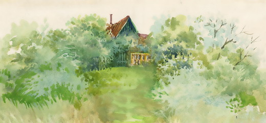 Watercolor rural house in green landscape